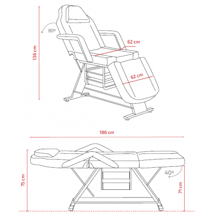 Fauteuil de soin, blanc, 3 plans avec accoudoirs